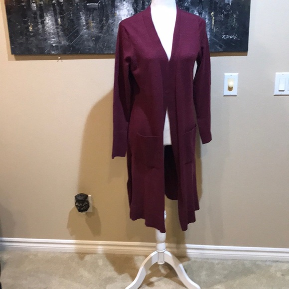 Longline Duster Open Cardigan Deep Wine Burgundy w/Pockets Shimmer in Fabric-L - Picture 1 of 10